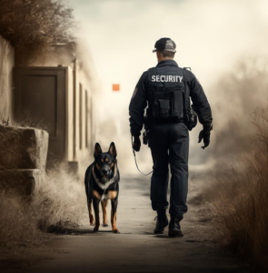 На картинке изображена собака, которая патрулирует территорию вместе с охранником и помогает обнаруживать нарушителей.
