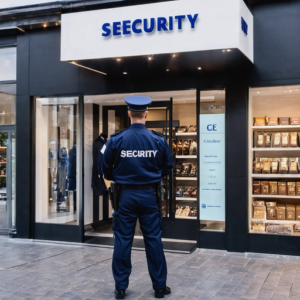 Изображение охранника в униформе, стоящего на входе в магазин. европейская внешность
