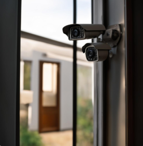 Изображение системы видеонаблюдения с камерами, установленными на окнах и дверях дома.