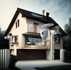 Изображение дома, защищенного охранной сигнализацией, с указанием на датчики и камеры видеонаблюдения.