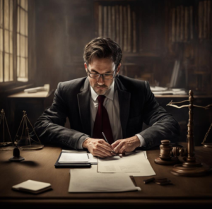 Изображение юриста, работающего за столом. Это может быть более абстрактное изображение, которое покажет, что юридическая защита - это еще один аспект службы безопасности. 