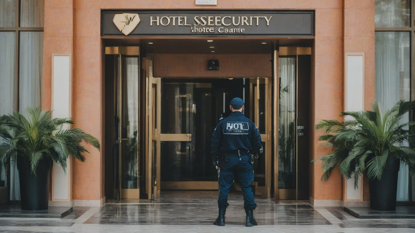 an employee of a security company in the background of the entrance to the hotel