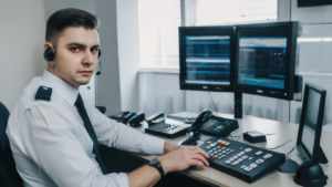 the operator of private security, at the control panel, in the office of a security company